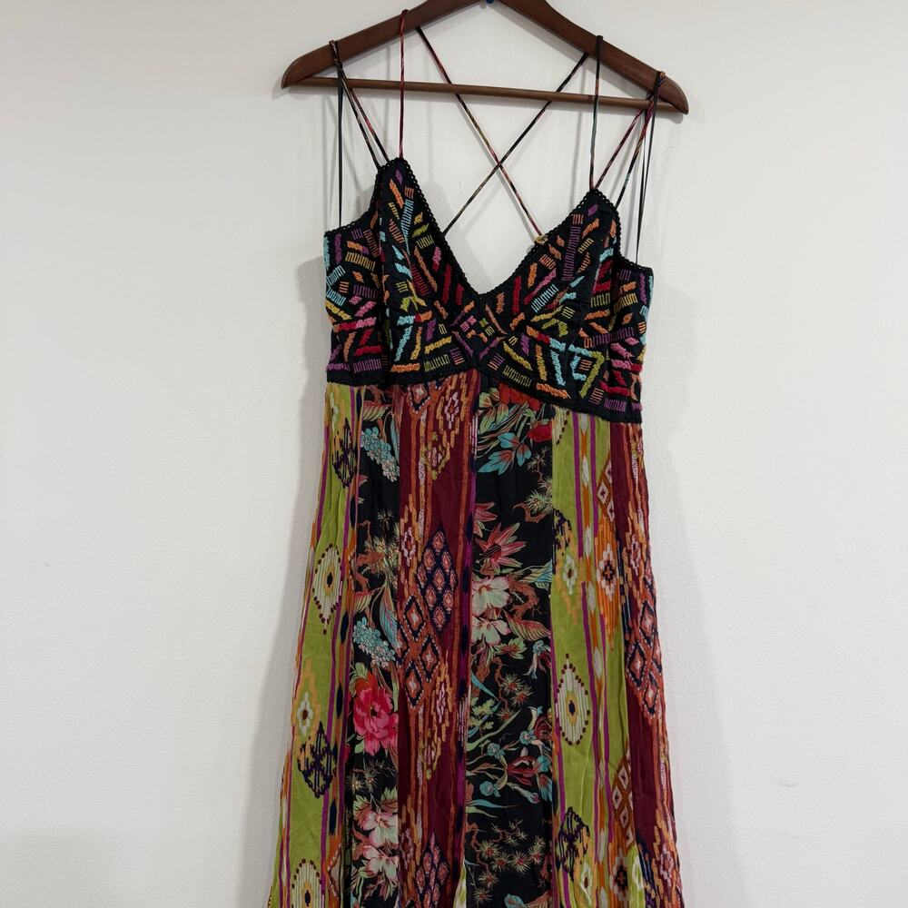 Anthropologie Boho Multi Print V-Neck Maxi Dress Size US 2 - Picture 7 of 11